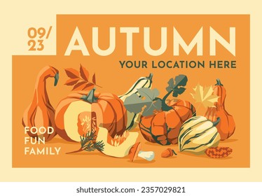 poster with harvest of autumn pumpkin. Halloween, thanksgiving, farm festival poster, text card. Vector flat illustration