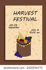 Poster for harvest festival featuring basket of fruits, including grapes, apples, pears, apricots, and cherries. For event promotions, farm markets, fruit-themed decorations, and seasonal marketing.