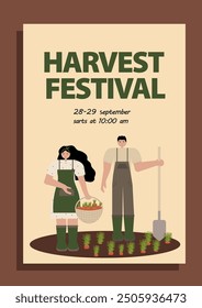 Poster for harvest festival featuring man and woman harvesting carrots in a garden bed. This is vector illustration in flat style. Perfect for event posters, market ads, and agricultural promotions.