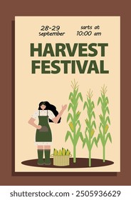 Poster for harvest festival featuring a young woman harvesting corn in a field. Perfect for event posters, agricultural promotions, farm-to-table campaigns, and seasonal marketing materials.