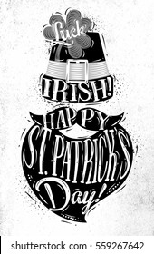 Poster hat and beard lettering luck irish happy st Patricks day drawing in vintage style on dirty paper background