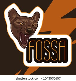 Poster with head of aggressive fossa. Madagascar predatory animal. Vector illustration. Danger concept cartoon image.