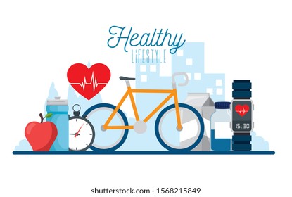 poster healthy lifestyle with bike and icons vector illustration design