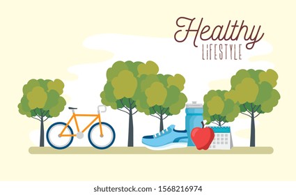 poster healthy lifestyle with bike and icons vector illustration design