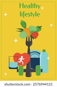 Poster healthy lifestyle, healthy food, vegetables, fruits, scales, dumbbell, heart, health, water, water bottle, proper nutrition, World Health Day