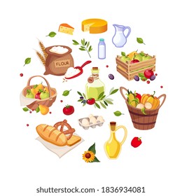 Poster with Healthy Organic Products of Round Shape, Farmers Market, Shop Design Cartoon Vector Illustration