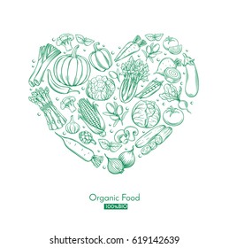 Poster heart composition with hand drawn vegetables for farmers market menu design. Healthy food concept. Vector vintage illustration.