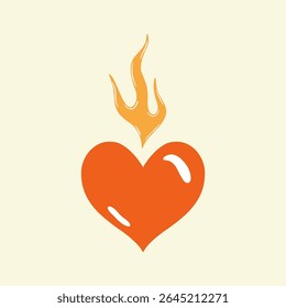 Poster with a heart in flame. Romance, passion and love on fire concept. Hand drawn vector illustration in nice colors. For social media, web and typographic design. Saint Valentine's Day.