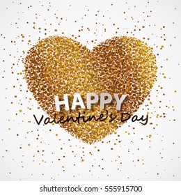 Poster with heart of gold confetti, sparkles, golden glitter and lettering Happy Valentines Day on white background. Vector illustration. 