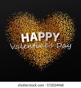 Poster with heart from gold confetti, sparkles, golden glitter and lettering Happy Valentines Day on black background. Vector illustration.