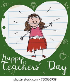 Poster with a heart shape in notebook paper cutting and a cute female educator drawing inside of it with doodles to celebrate Teachers' Day.