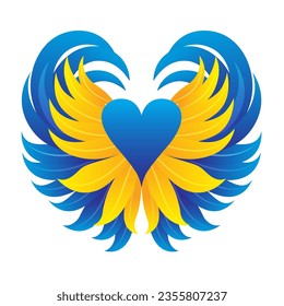 Afiche con el corazón y las alas. Vector clipart. Color azul y amarillo de la bandera de Ucrania sobre un fondo blanco. Símbolo de libertad e independencia.