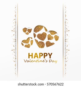 Poster with hearts from gold confetti, sparkles, golden glitter and lettering Happy Valentines Day on white background. Wallpaper for Valentines Day. Vector illustration.