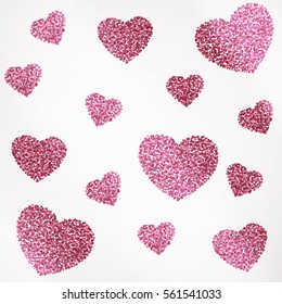 Poster with hearts of pink confetti, sparkles, glitter on white background. Wallpaper for Happy Valentines Day. Vector illustration.