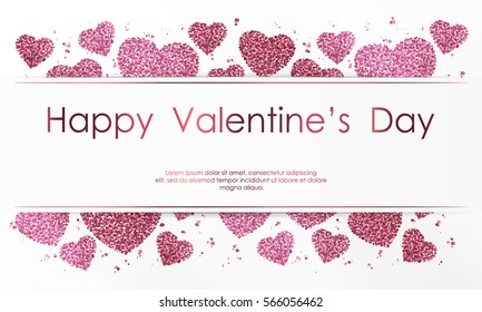 Poster with hearts from pink confetti, sparkles, glitter and lettering Happy Valentines Day on white background. Wallpaper for Valentines Day. Vector illustration.