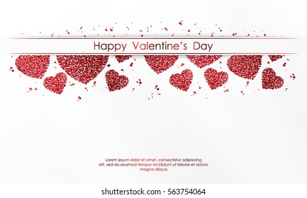 Poster with hearts of red confetti, sparkles, glitter and lettering Happy Valentines Day on white background. Wallpaper for Valentines Day. Vector illustration.