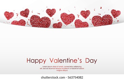 Poster with hearts of red confetti, sparkles, glitter and lettering Happy Valentines Day on white background. Wallpaper for Valentines Day. Vector illustration.