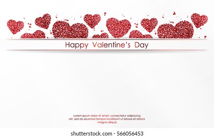 Poster with hearts of red confetti, sparkles, glitter and lettering Happy Valentines Day on white background. Wallpaper for Valentines Day. Vector illustration.