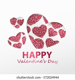 Poster with hearts from red and pink confetti, sparkles, glitter and lettering Happy Valentines Day on white background. Wallpaper for Valentines Day. Vector illustration.