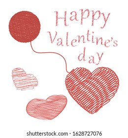Poster with hearts tied from yarn. Festive lettering. Valentine is symbol of love and tenderness. Vector illustration of romantic postcard.