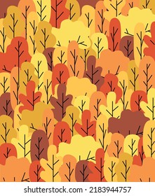 Poster hello autumn. Autumn forest. Nature, park, hills and fields,  landscape with trees and plants, sky with clouds and falling leaves. Vector illustration.