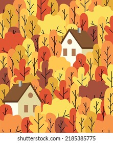 Poster hello autumn. Autumn forest. Nature, park, hills and fields,  landscape with trees and plants, sky with clouds and falling leaves. Vector illustration.