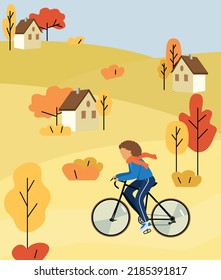 Poster hello autumn. Girl on a bike.  Walk. Autumn nature, park, hills and fields, landscape with trees and plants, sky with clouds and falling  leaves. Vector illustration.