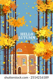 Poster Hello Autumn landscape, woman in autumn coat walking the dog, house