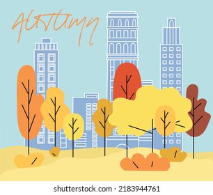Poster hello autumn. Walk. Autumn nature, park, hills and fields,  landscape with trees and plants, sky with clouds and falling leaves. Vector illustration.