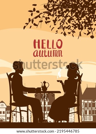 Poster Hello Coffee street cafe, couple at the table, fall mood
