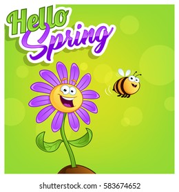Poster hello spring with a cartoon flower and a bee