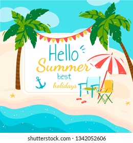 Poster Hello to summer, best holidays.Relax on the beach by the sea with palm trees.  Vector banner design for printing and Internet. Background in cartoon style.