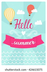 Poster Hello summer with lettering. Retro chalk illustration.