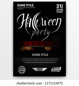 Poster: "Helloween party". Dark poster with the bed under which hid monsters