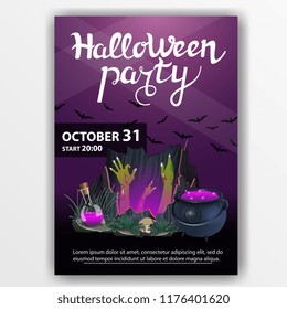 Poster: "Helloween party". Dark poster with old tree trunk from which climbs zombies