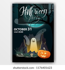 Poster: "Helloween party". Dark poster with old tree trunk from which the ghosts fly