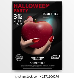Poster: "Helloween party". Dark poster with red Apple in hand