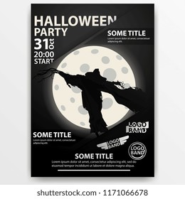 Poster: "Helloween party". Dark poster with scarecrow on the background of the moon.