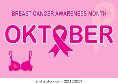 Poster for her breast cancer awareness month in October. Pink ribbon and bra symbol. Medical Design. Vector illustration. svg