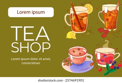 Poster with herbal tea cup, berries. For poster, card, banner, discount, special offer. Vector illustration EPS10 
