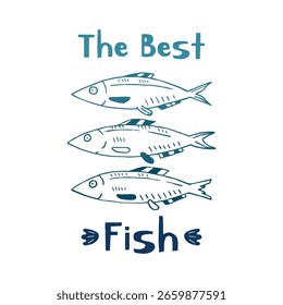 Cartel con peces arenque. Divertidos personajes de peces en estilo doodle sobre un fondo blanco con un espacio para el texto