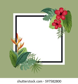 poster hibiscus and bird of paradise tropical leaves palm