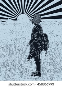 Poster hippie girl with a backpack, bohemian girl, boho style. Illustration for print, clothing design,