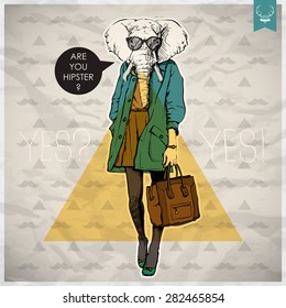 Poster in hipster style. Hand drawn illustration of fashion girl with animal head. Vector collection