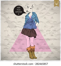Poster in hipster style. Hand drawn illustration of fashion girl with animal head. Vector collection