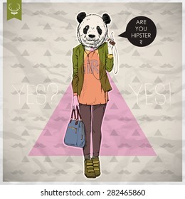 Poster in hipster style. Hand drawn illustration of fashion girl with animal head. Vector collection