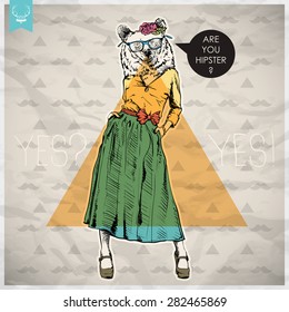 Poster im Hipster-Stil. Handgezeichnete Illustration von Modemädchen mit Tierkopf. Vektorgrafik