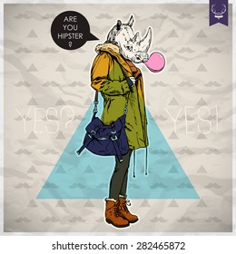 Poster in hipster style. Hand drawn illustration of fashion girl with animal head. Vector collection