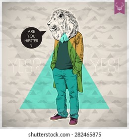 Poster in hipster style. Hand drawn illustration of fashion guy with animal head. Vector collection