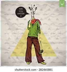 Poster in hipster style. Hand drawn illustration of fashion girl with animal head. Vector collection